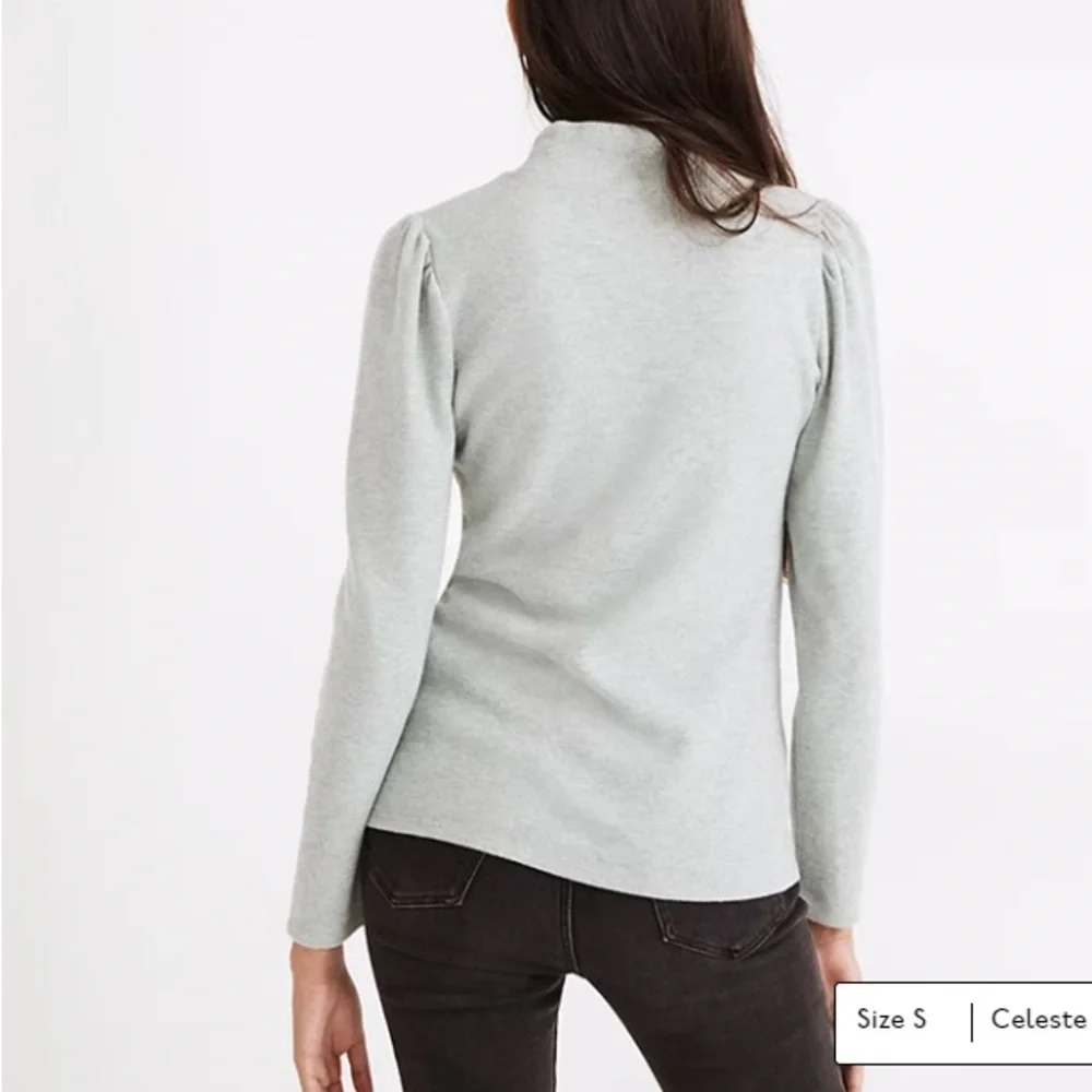 Madewell Women's Top Sage Green Plush Mock-neck Puff-Sleeve Top Large NB512